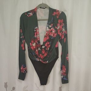 Floral Deep V-Neck Bodysuit - Green and Red